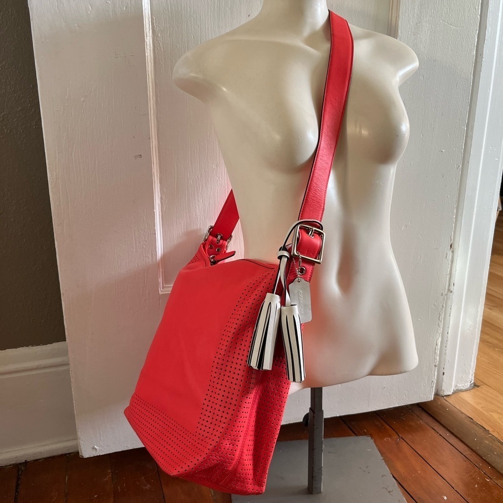 Coach Legacy Perforated Leather Duffle Crossbody Bag Red Watermelon Snow - Picture 15 of 15